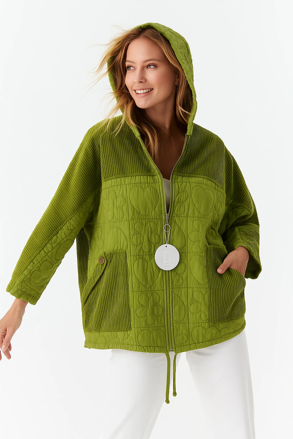 İtalyan Kadife Detaylı Kapitone Ceket - YEŞİL