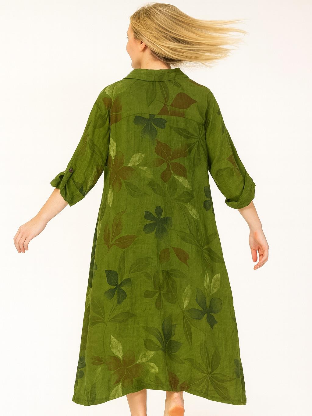 İtalyan Keten Yaprak Desenli Elbise - YEŞİL