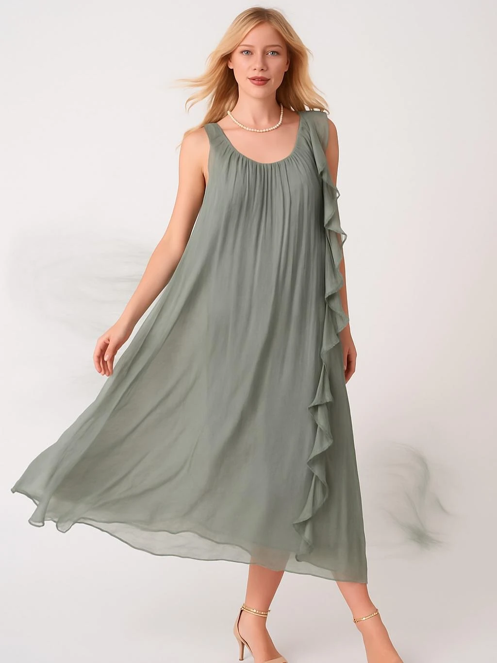 İtalyan İpek Elbise - HAKİ