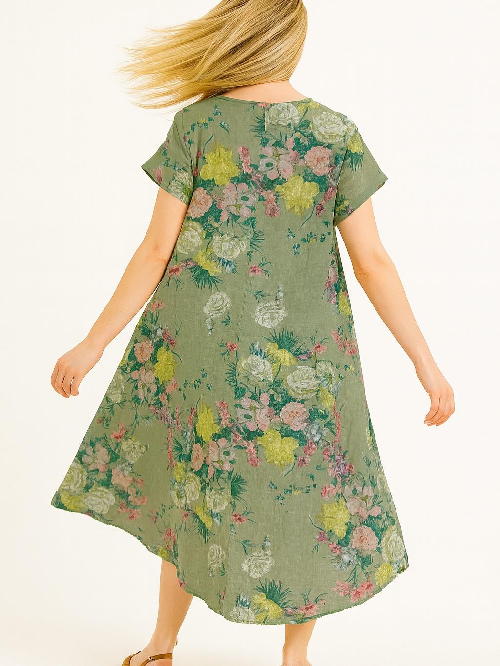 İtalyan Keten Çiçek Desen Elbise - HAKİ