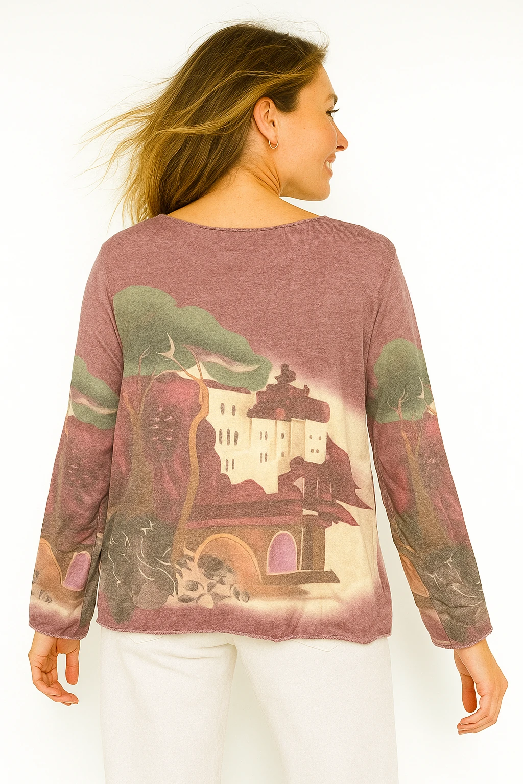 İtalyan Desenli V Yaka Triko Bluz - KOYU MOR