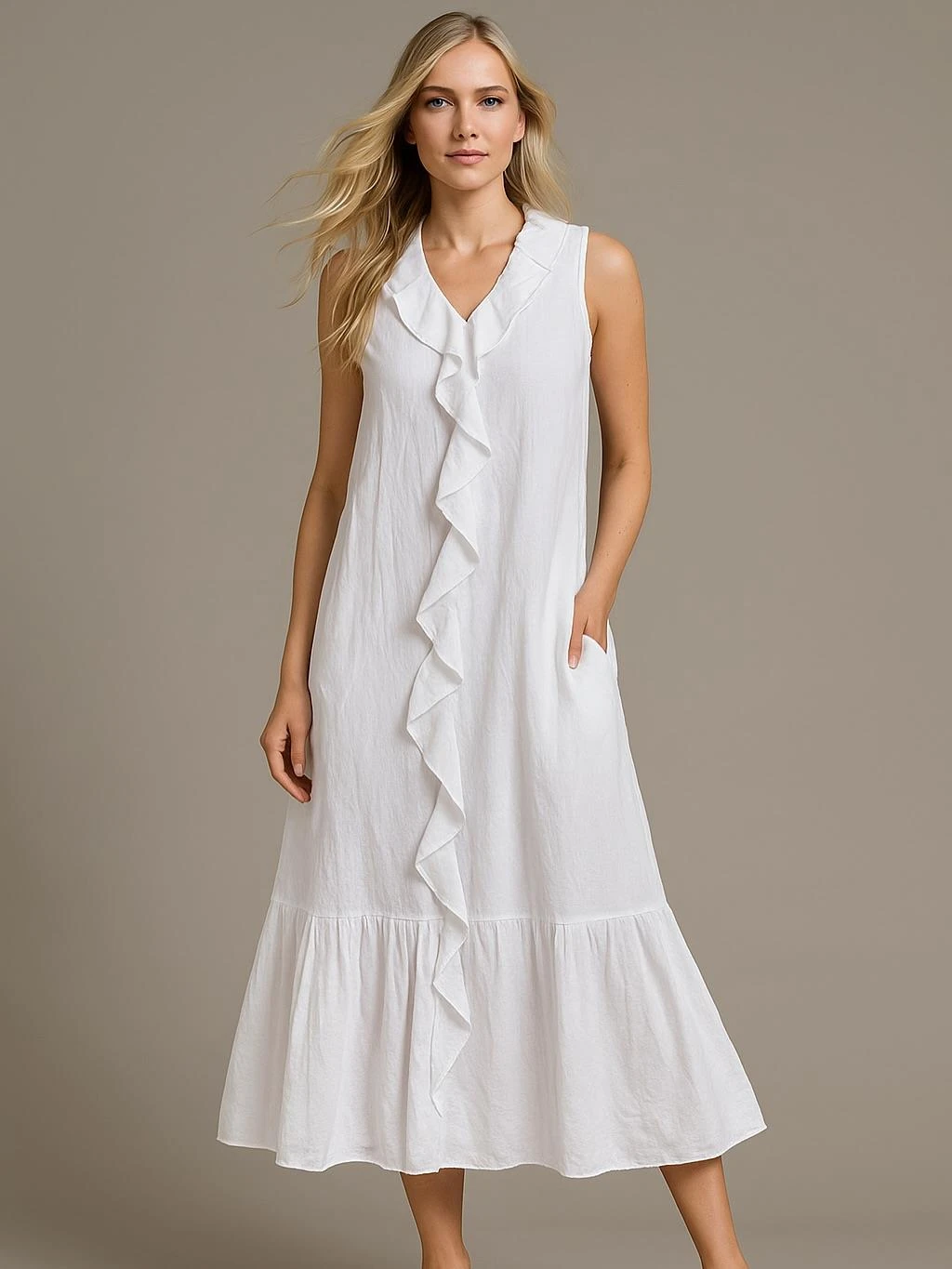 İtalyan Fırfır Detaylı Keten Elbise - BEYAZ