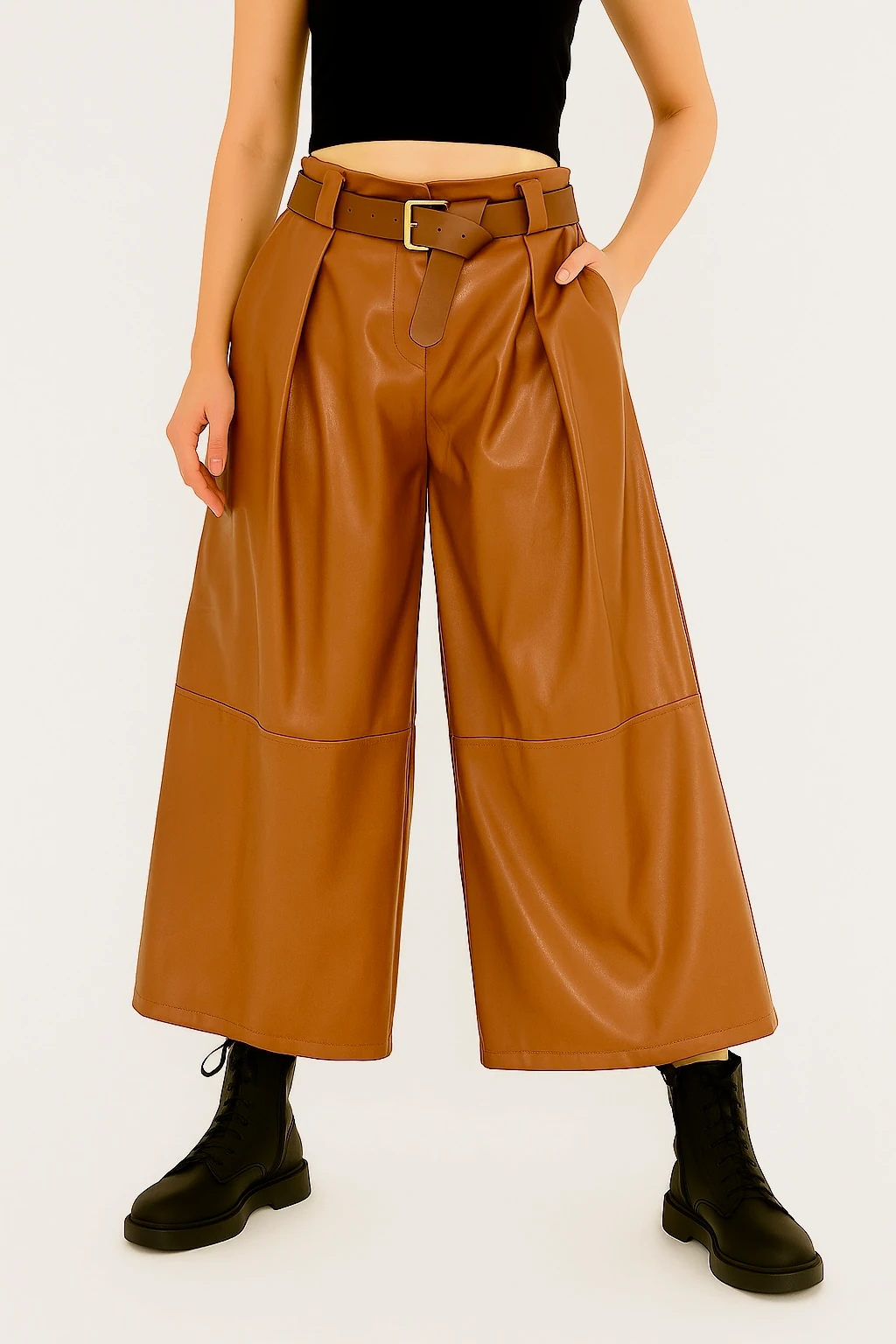 İtalyan Geniş Paça Deri Pantolon - TARÇIN