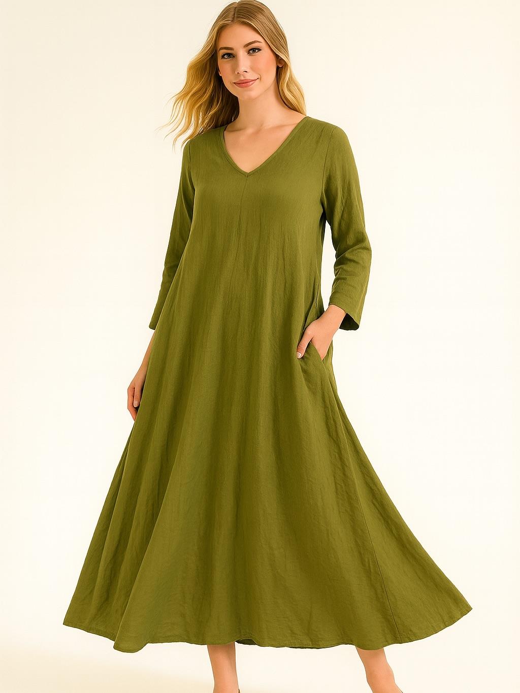 İtalyan Keten V Yaka Elbise - YEŞİL