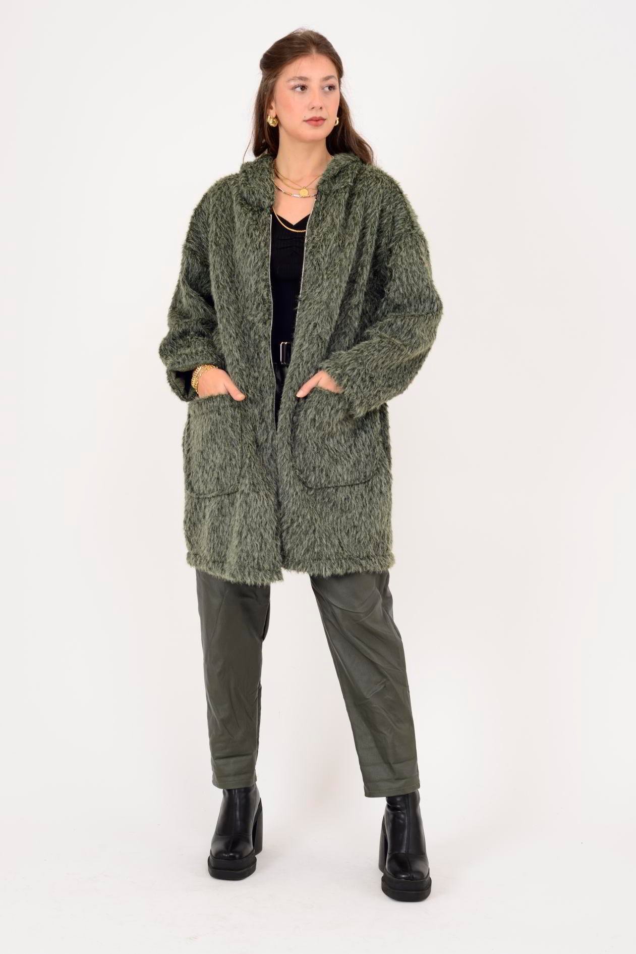 İtalyan Kapüşonlu Keçe Kaban - HAKİ