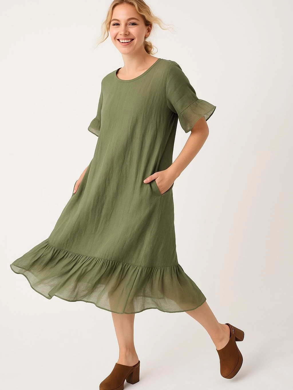 İtalyan Keten İpek Detaylı Elbise - HAKİ