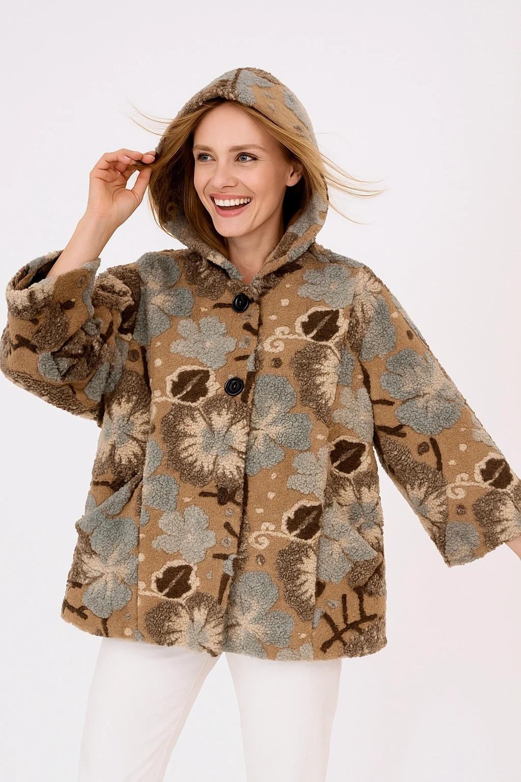 İtalyan Çiçek Kabartmalı Kapüşonlu Keçe Kaban - VİZON