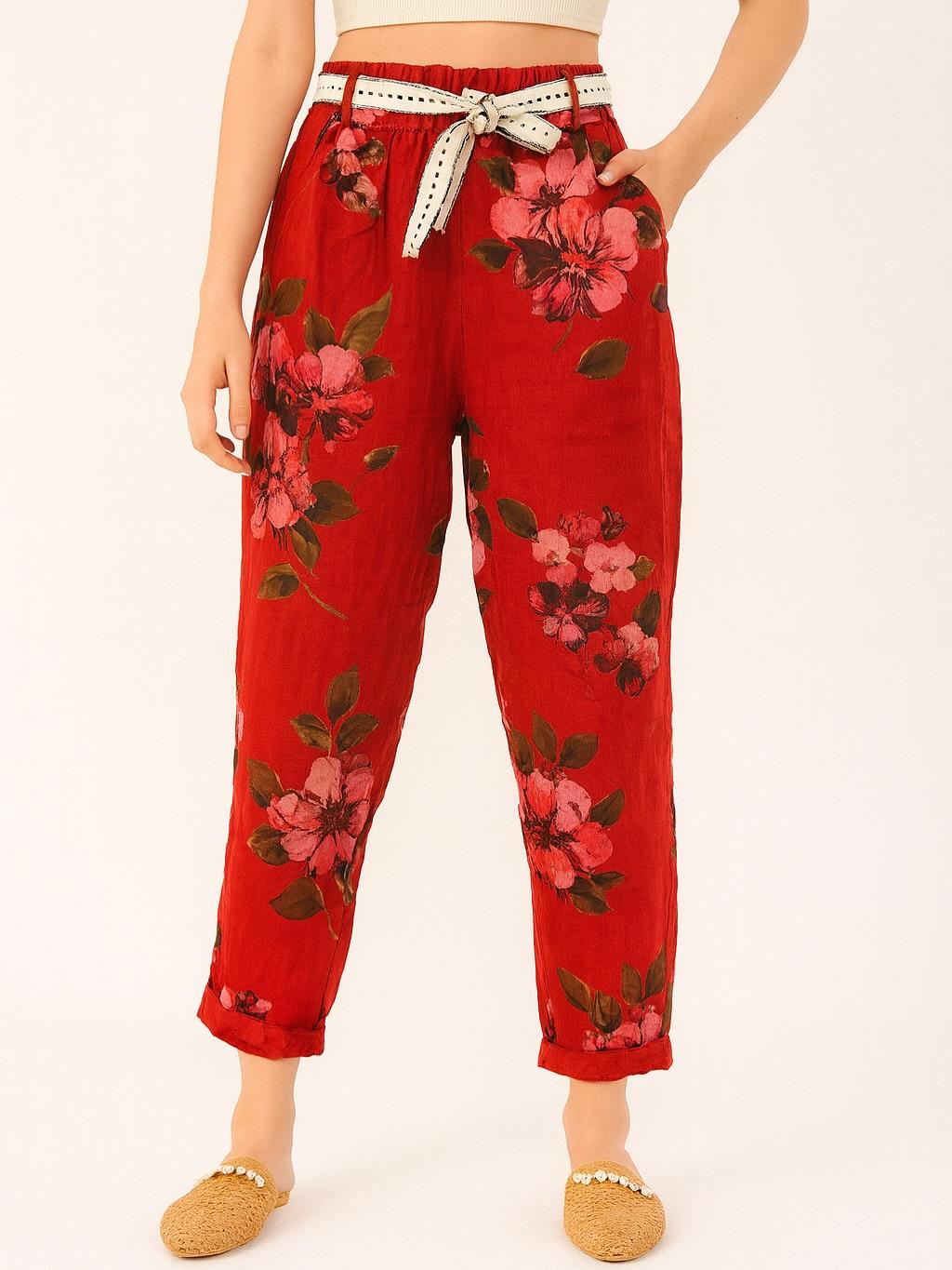 İtalyan Çiçek Desenli Havuç Keten Pantolon - KIRMIZI