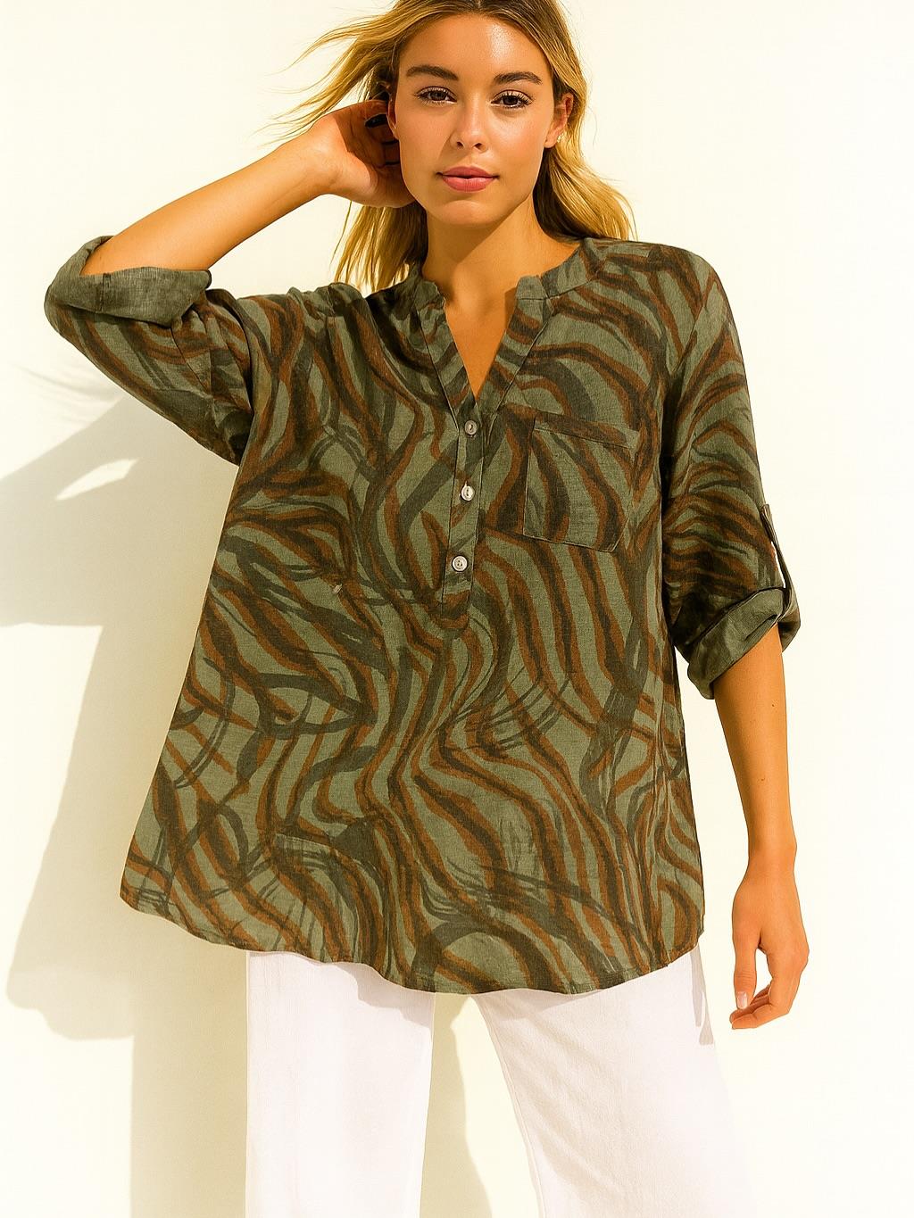 İtalyan Pamuk Keten Gömlek - HAKİ