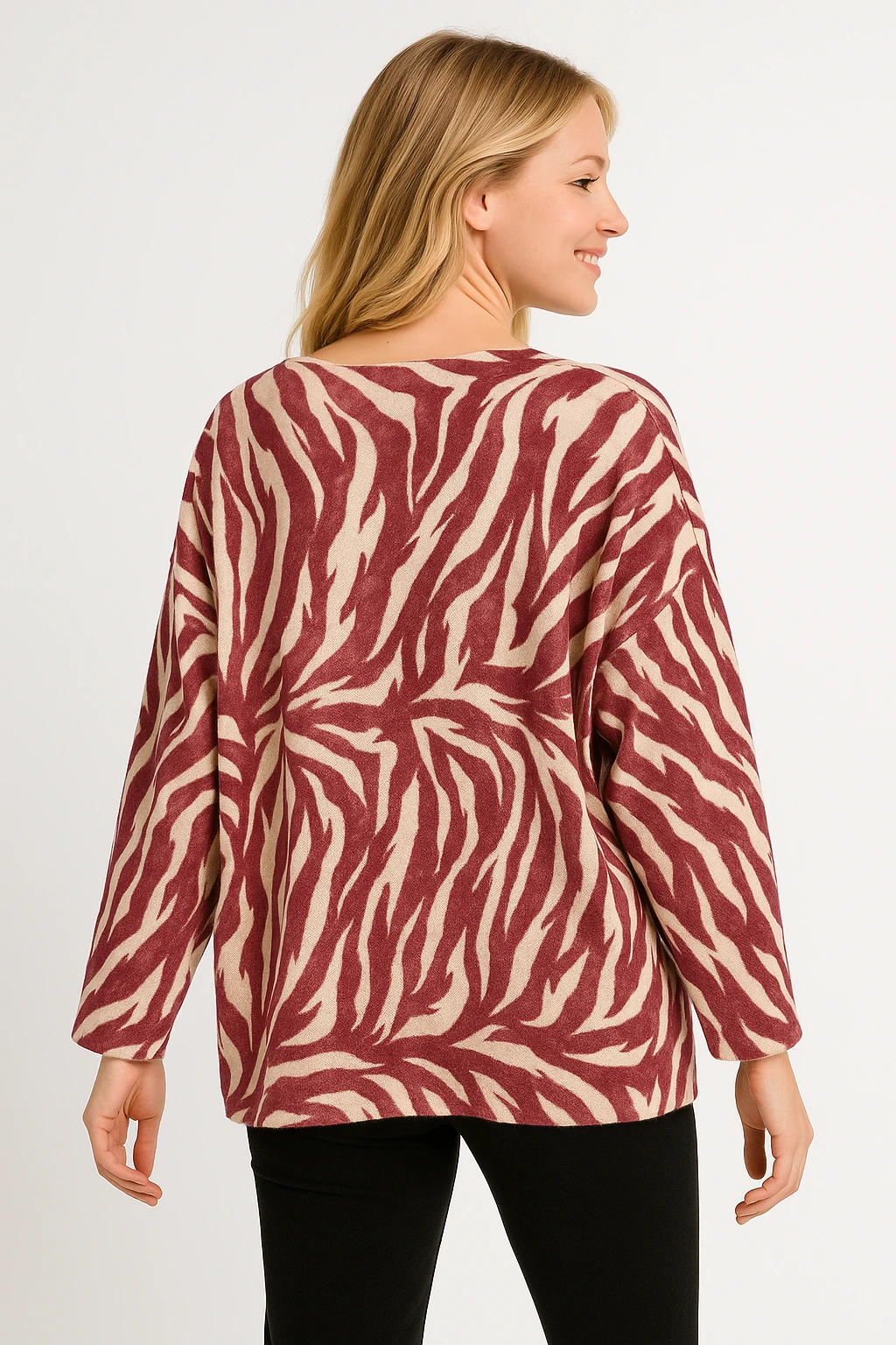 İtalyan Zebra Desen Triko Bluz - KIRMIZI