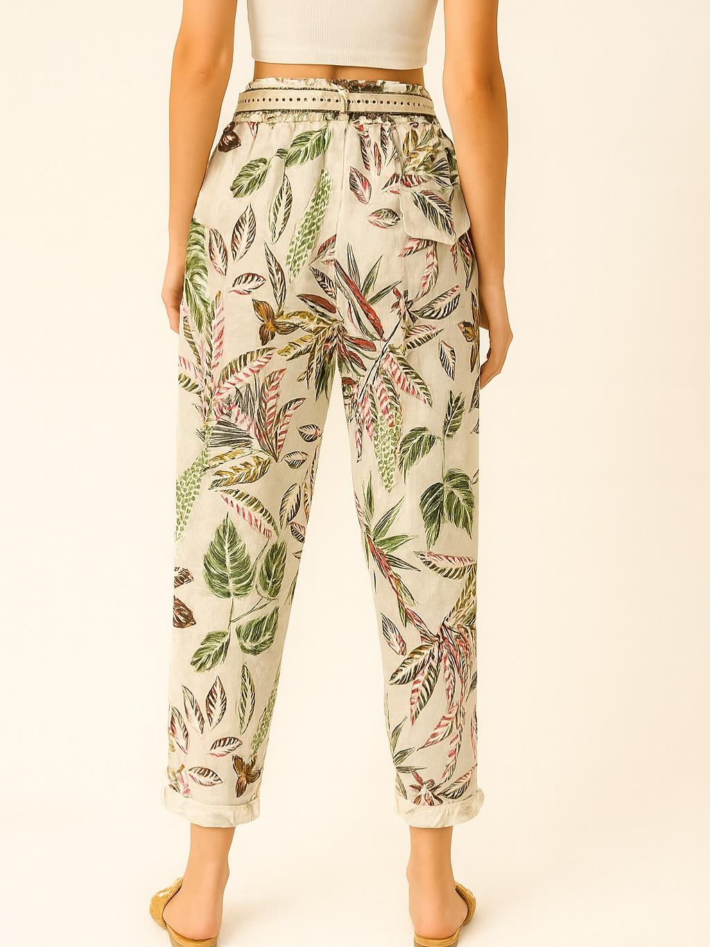 İtalyan Dal Desenli Havuç Keten Pantolon - BEJ