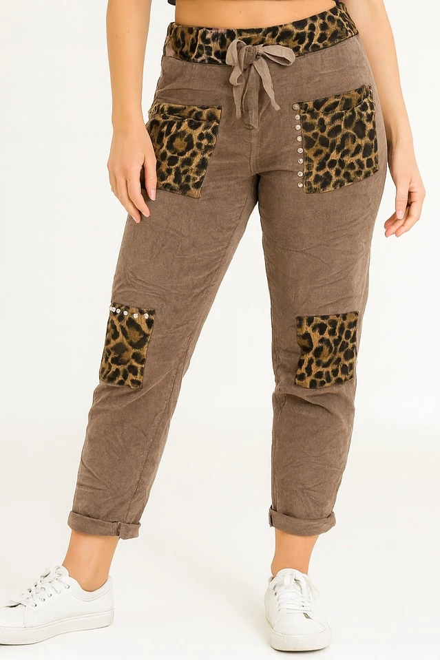 İtalyan Leopar Detaylı Kadife Pantolon - KAHVE