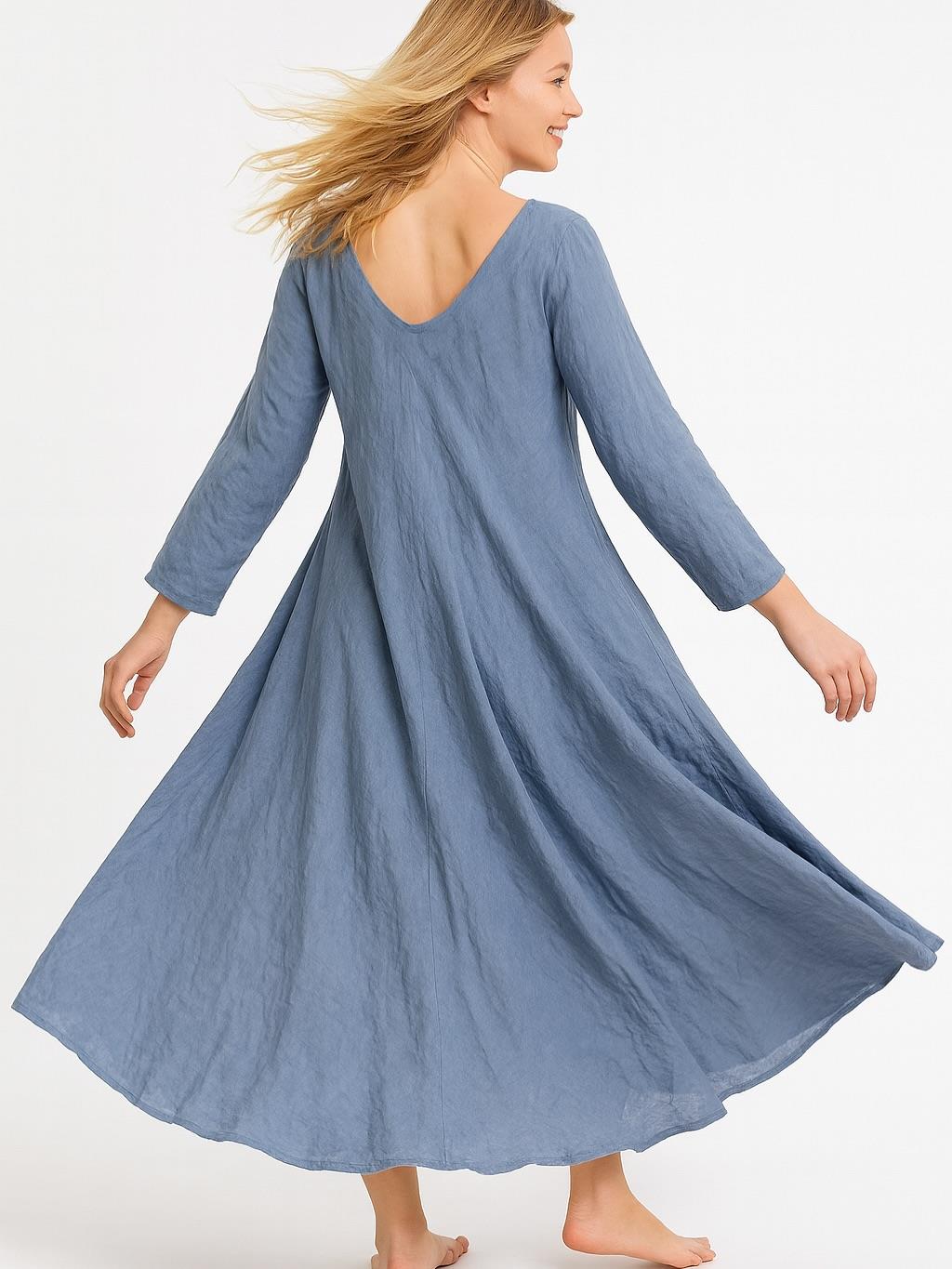 İtalyan Keten V Yaka Elbise - MAVİ
