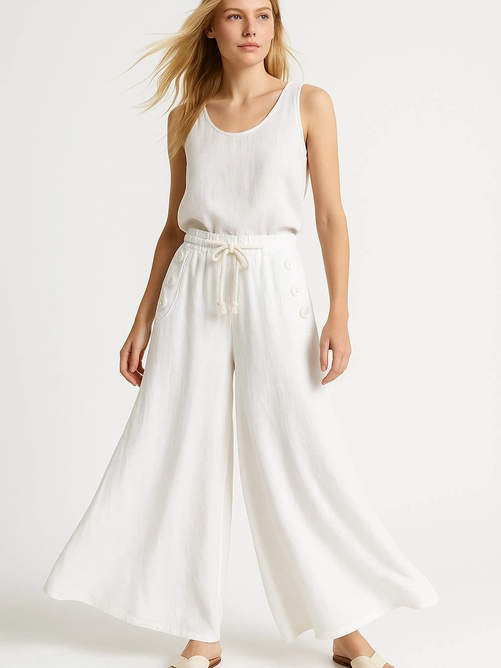 İtalyan Keten Geniş Paça Pantolon - BEYAZ