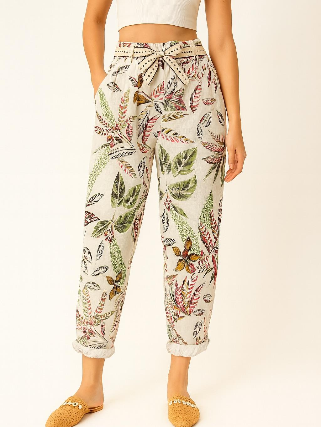 İtalyan Dal Desenli Havuç Keten Pantolon - BEJ