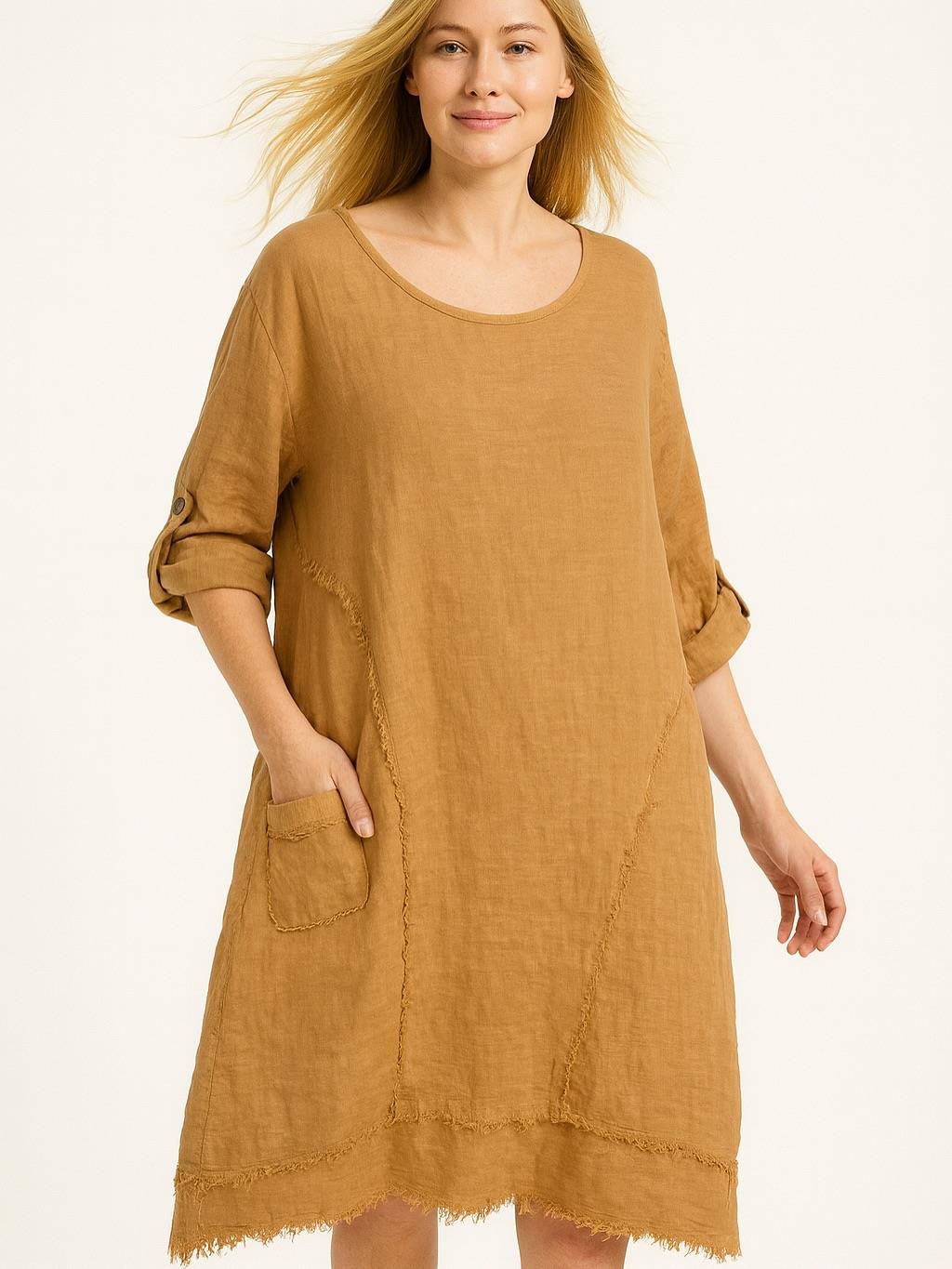 İtalyan Keten Dikiş Detaylı Elbise - BAL