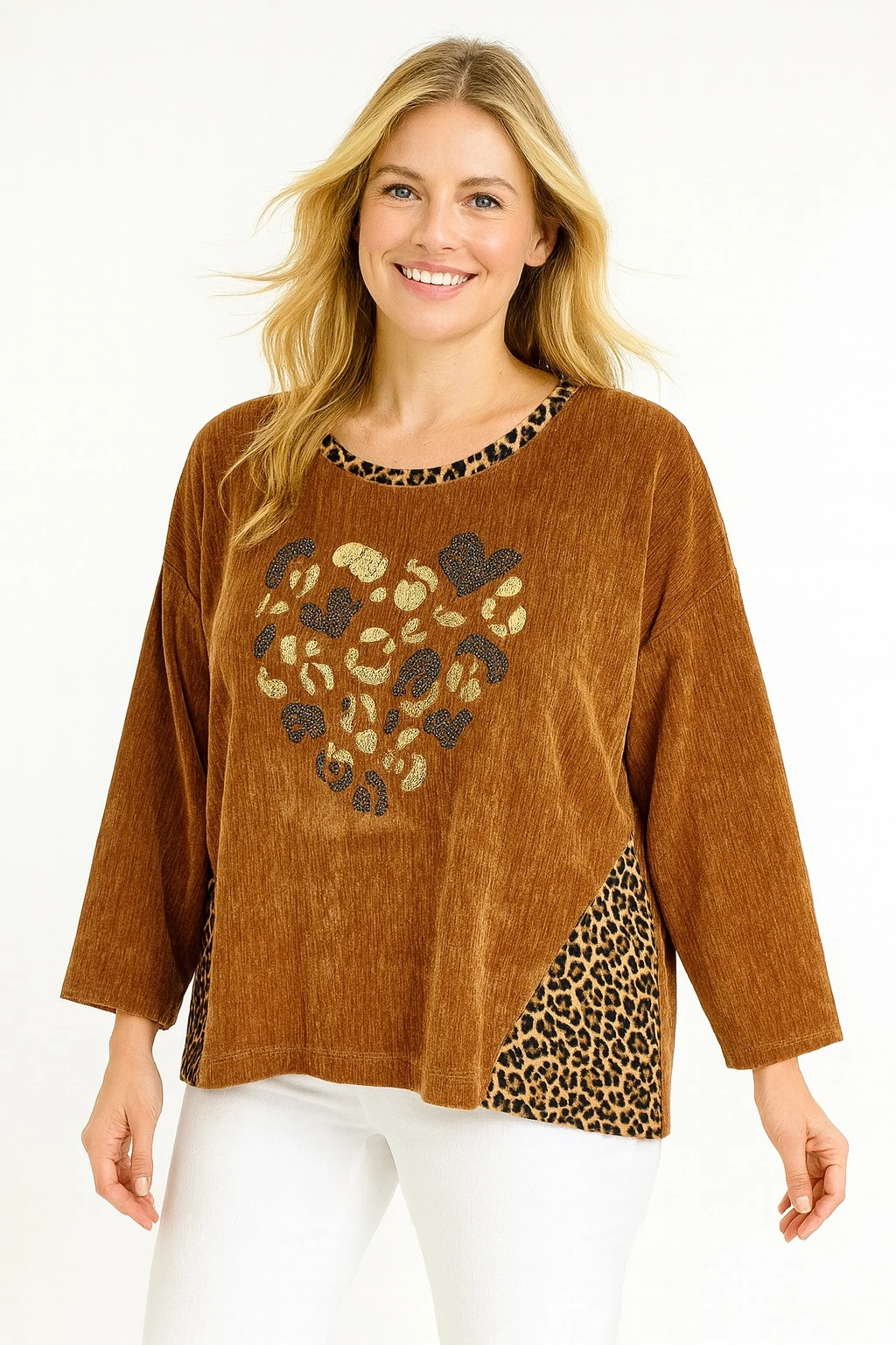 İtalyan Kalp Desenli Kadife Bluz - KİREMİT