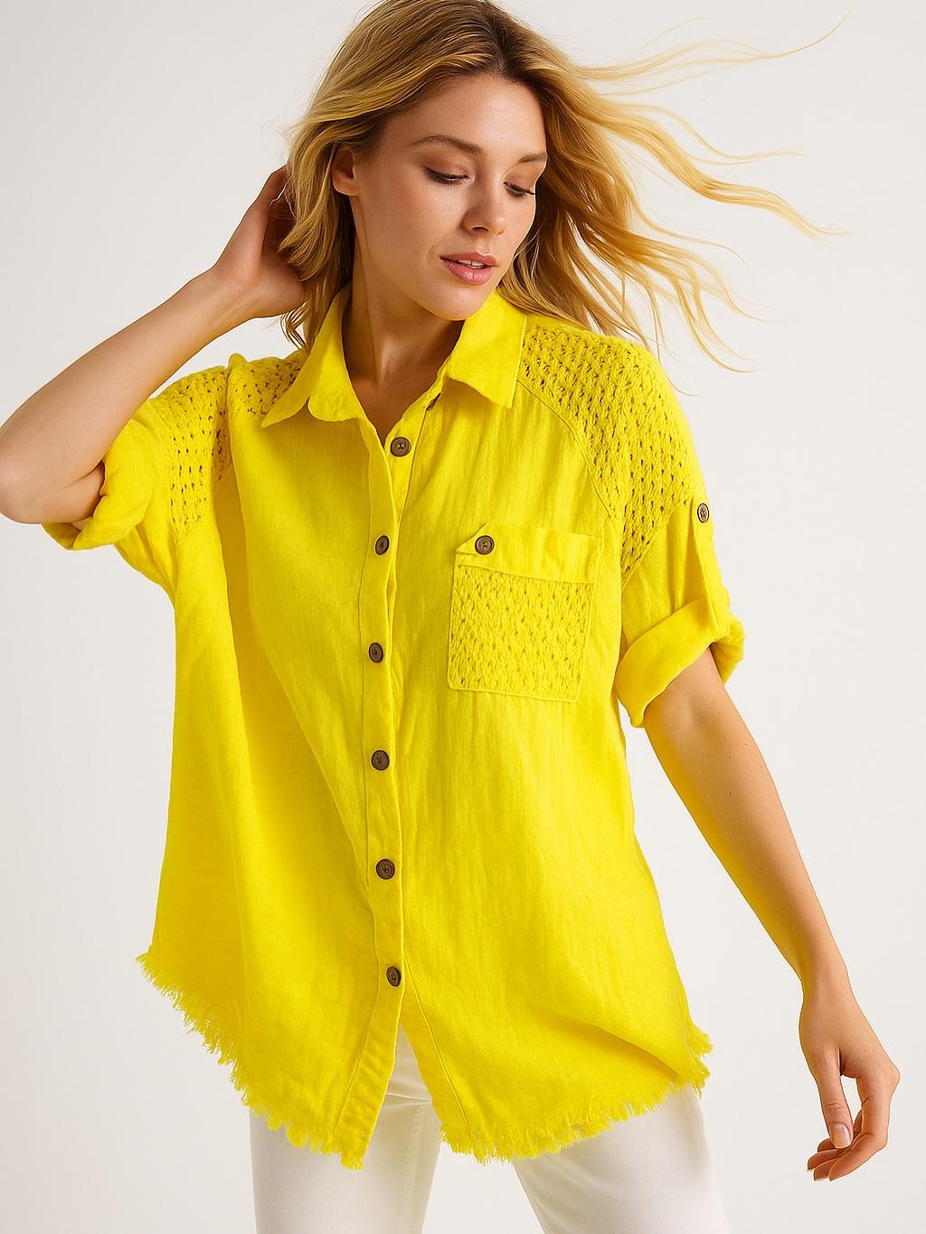 İtalyan Keten Dantel Detaylı Gömlek - SARI