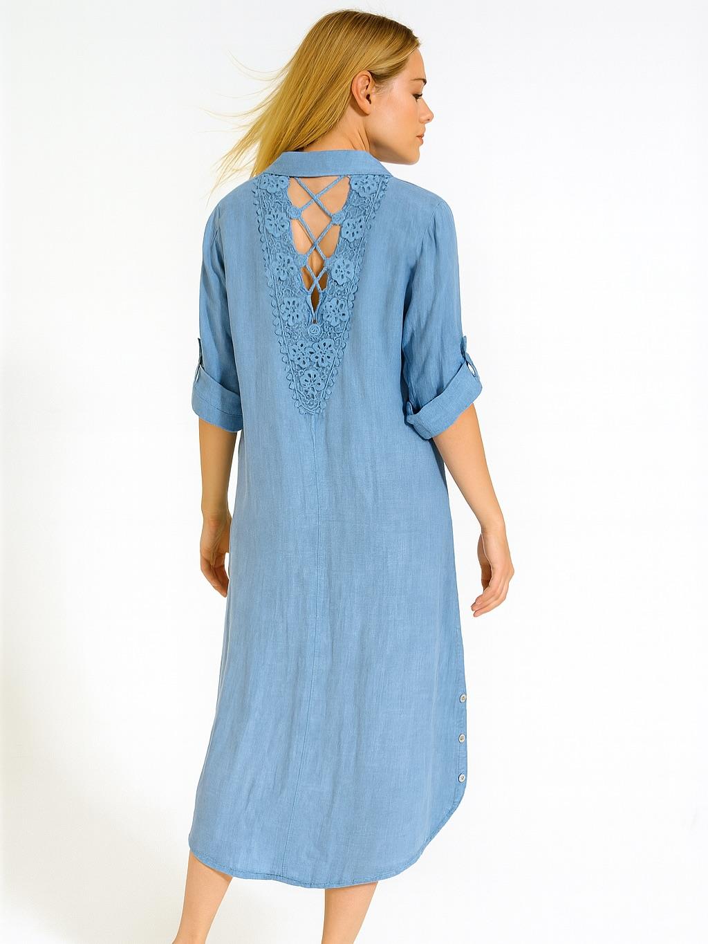 İtalyan Keten Sırtı Dantelli Elbise - MAVİ