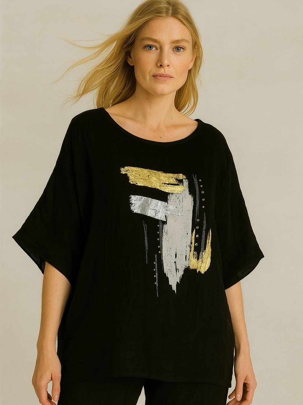 İtalyan Keten Desenli Bluz - SİYAH