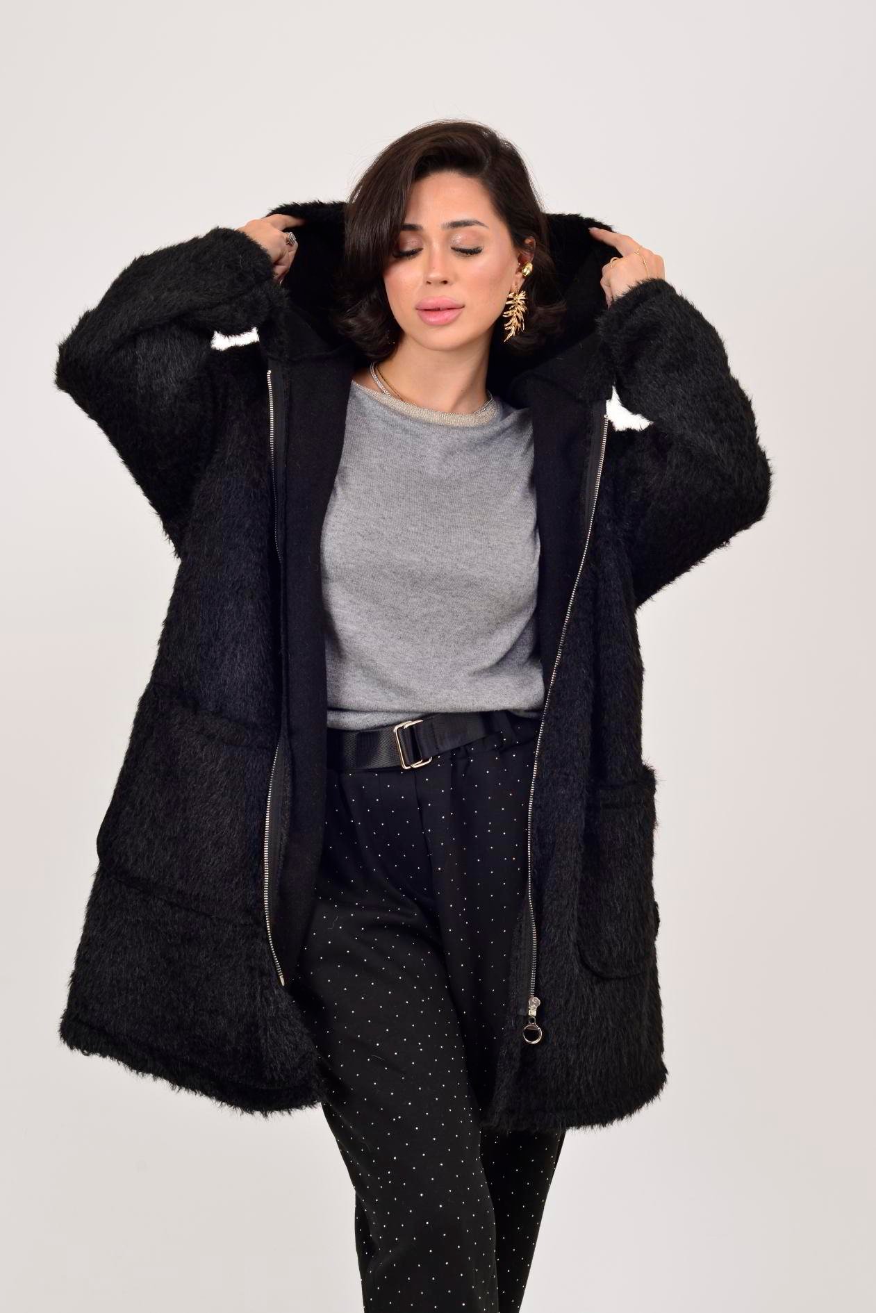 İtalyan Kapüşonlu Keçe Kaban - SİYAH