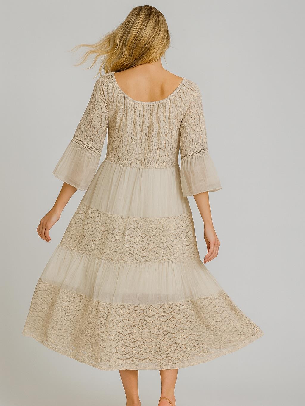 İtalyan İpek Detaylı Dantel Elbise - BEJ