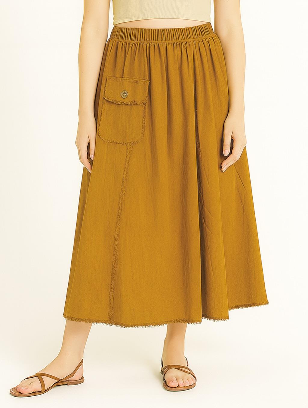 İtalyan Kadife Cepli Etek - HARDAL