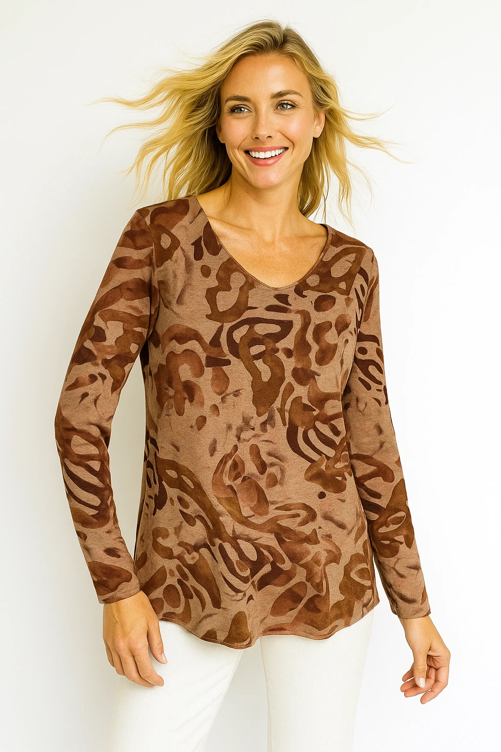 İtalyan Desenli Triko Bluz - KAHVE