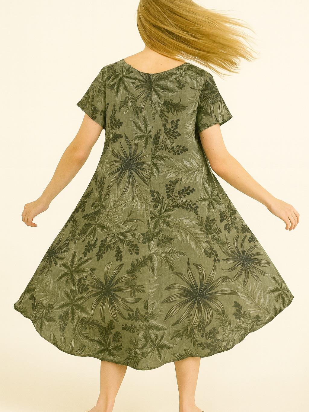 İtalyan Keten Yaprak Desen Elbise - HAKİ