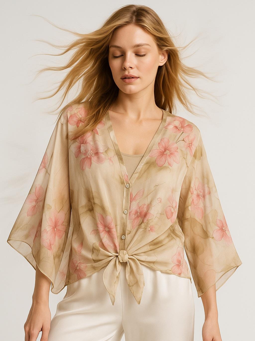 İtalyan Çiçek Desen İpek Bluz - BEJ
