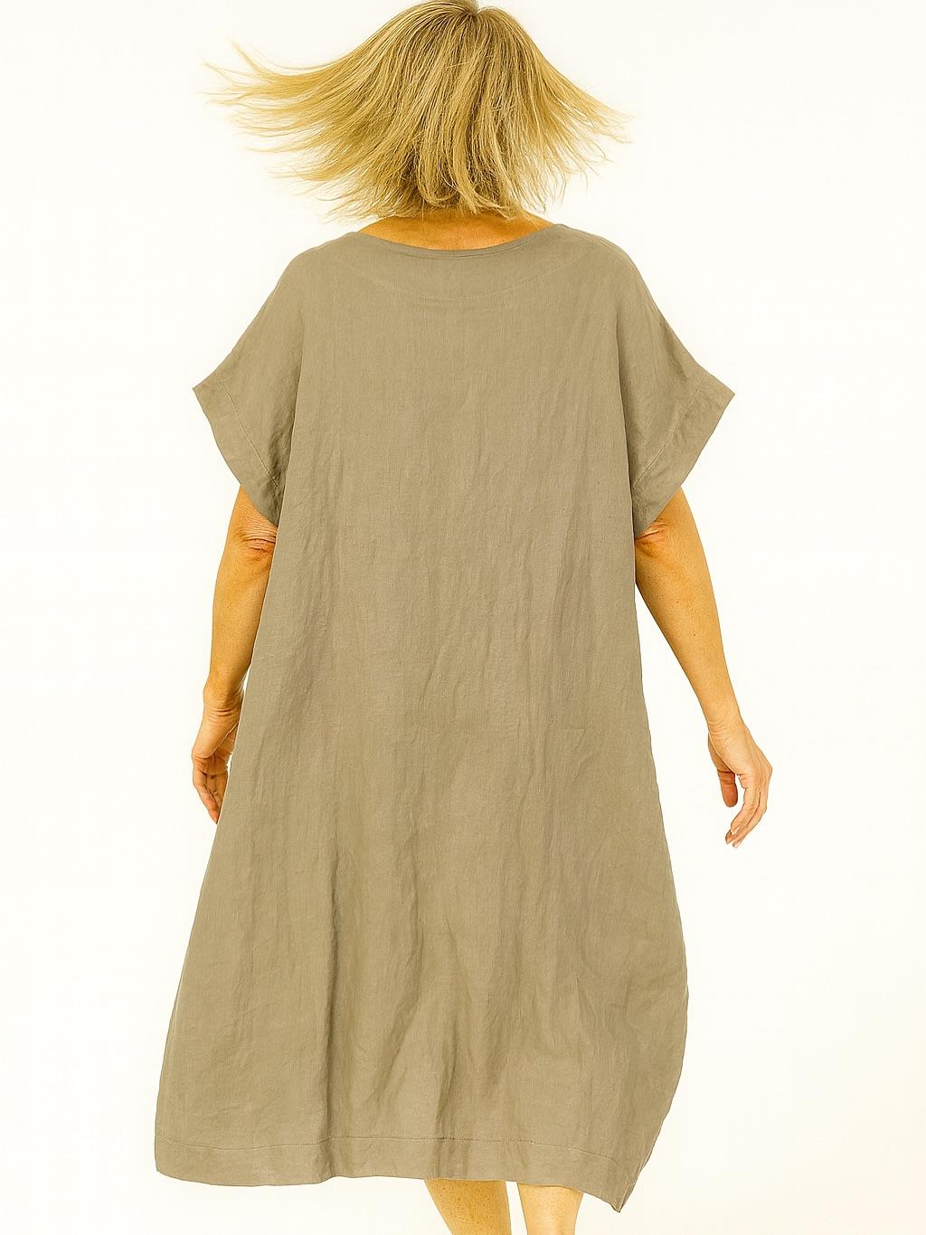 İtalyan Keten Toka Detaylı Elbise - VİZON
