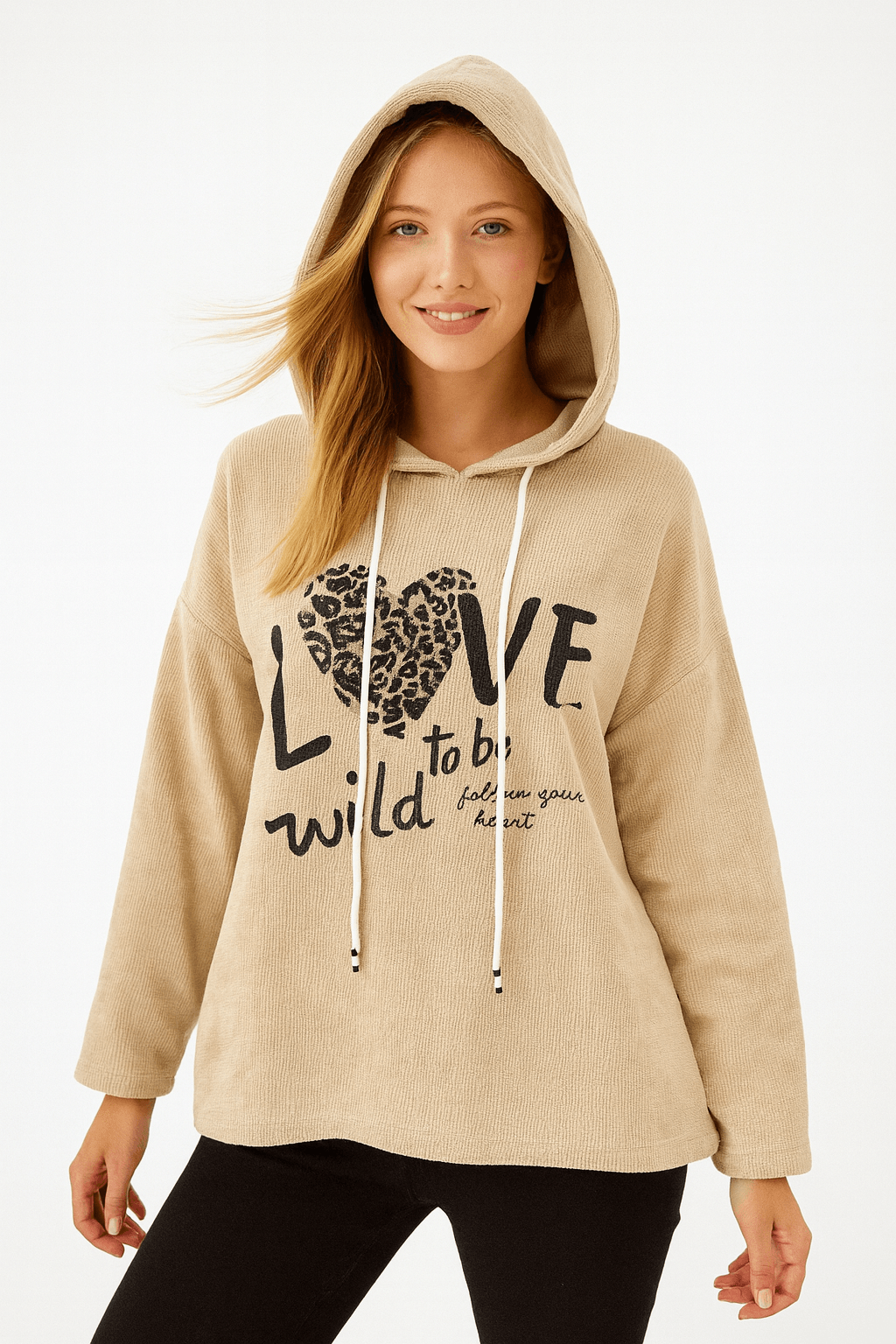 İtalyan Kadife Kapüşonlu Bluz - BEJ