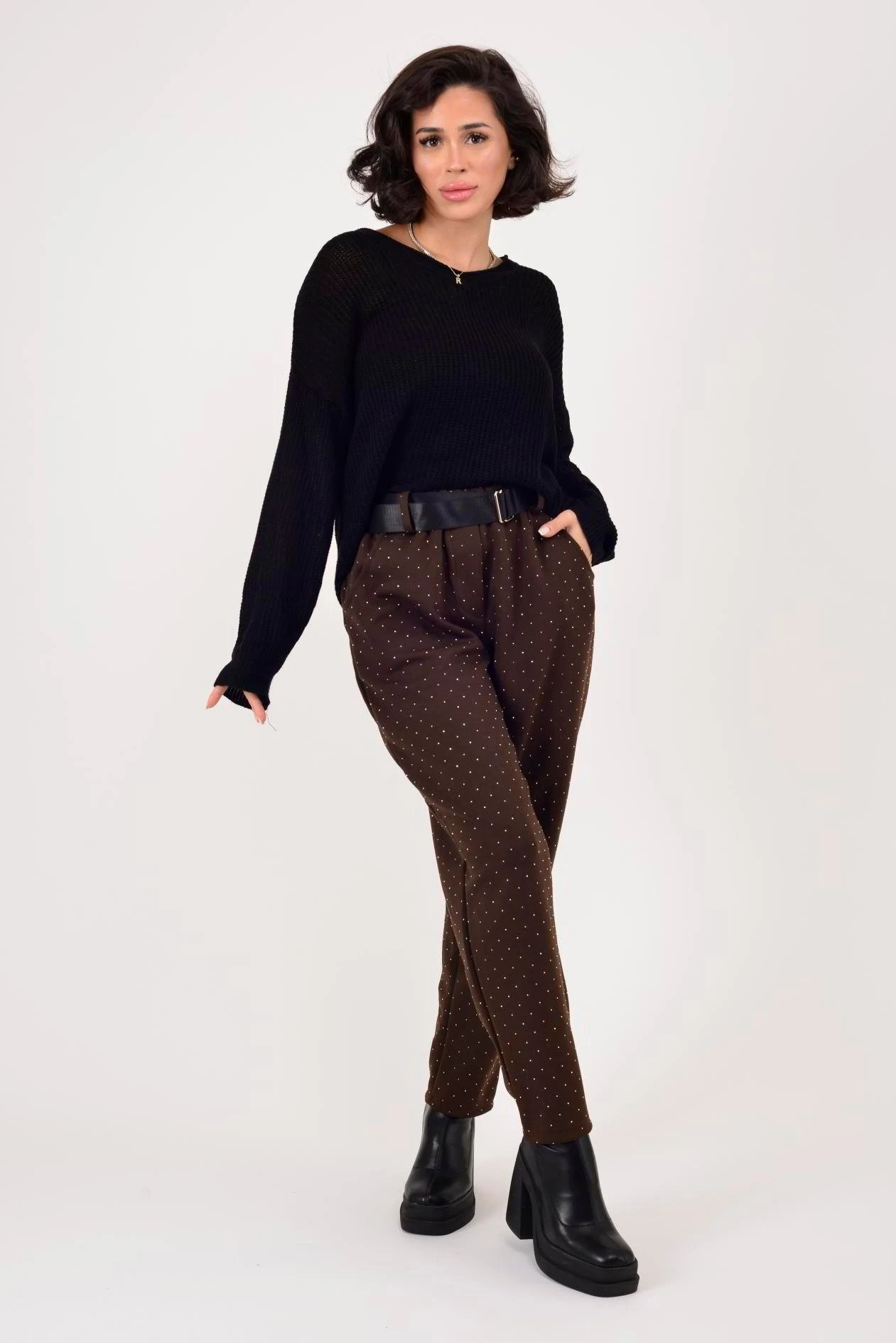 İtalyan Kemer Detaylı Taş İşlemeli Pantolon - KAHVERENGİ