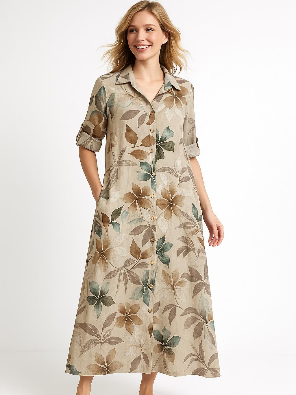 İtalyan Keten Yaprak Desenli Elbise - BEJ
