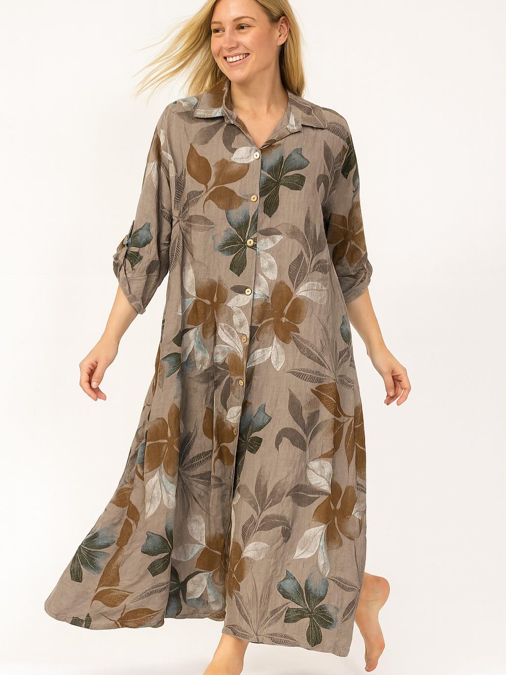 İtalyan Keten Yaprak Desenli Elbise - VİZON