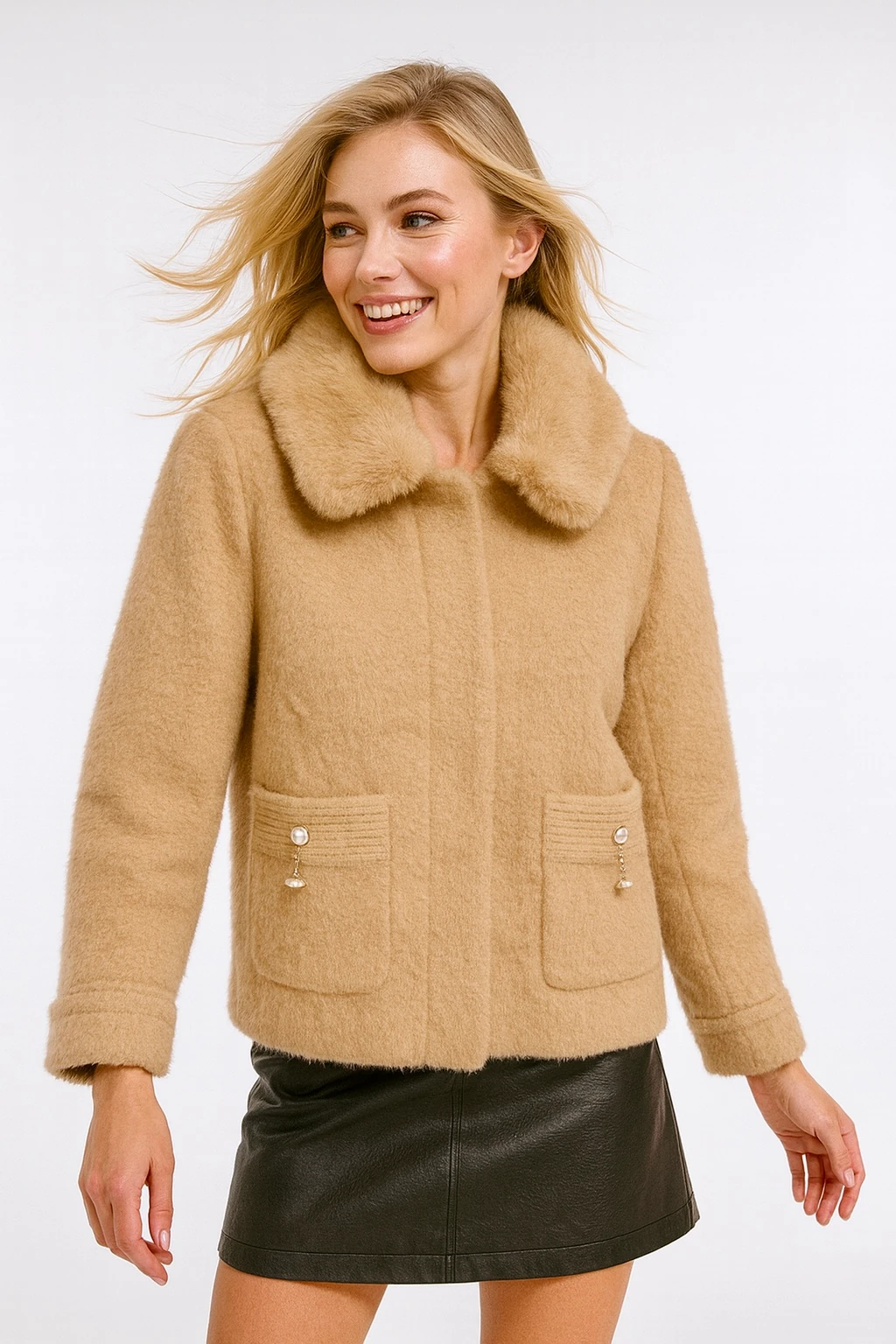 İtalyan Yaka kürklü Angora Ceket - BEJ