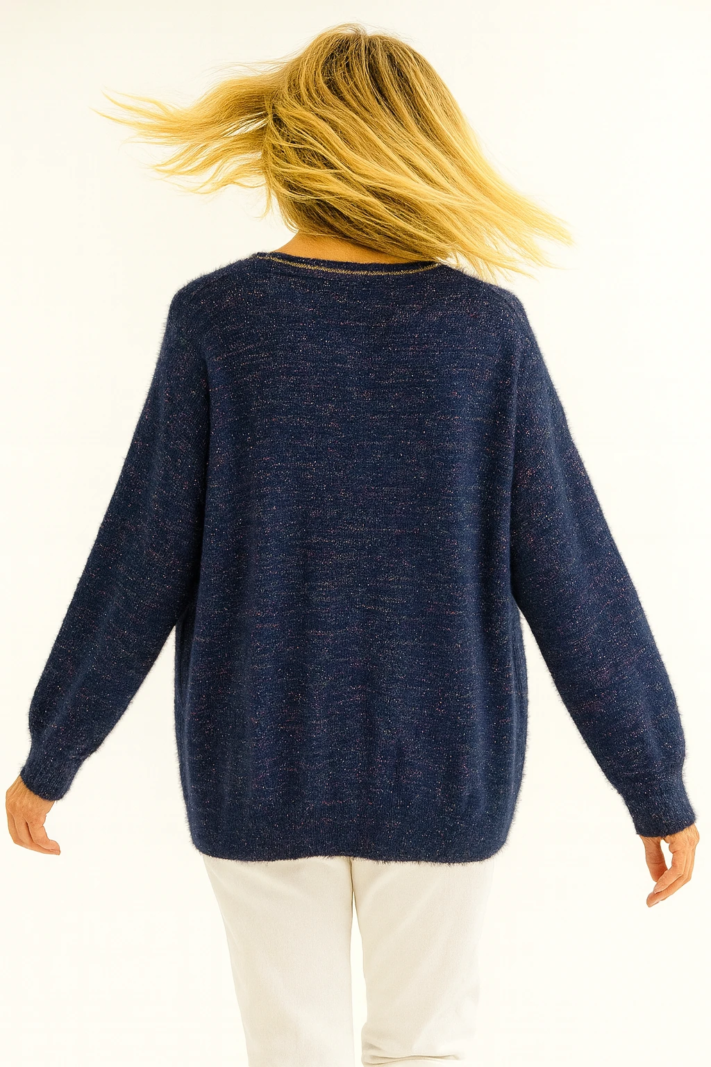 İtalyan V Yaka Simli Triko Bluz - LACİVERT