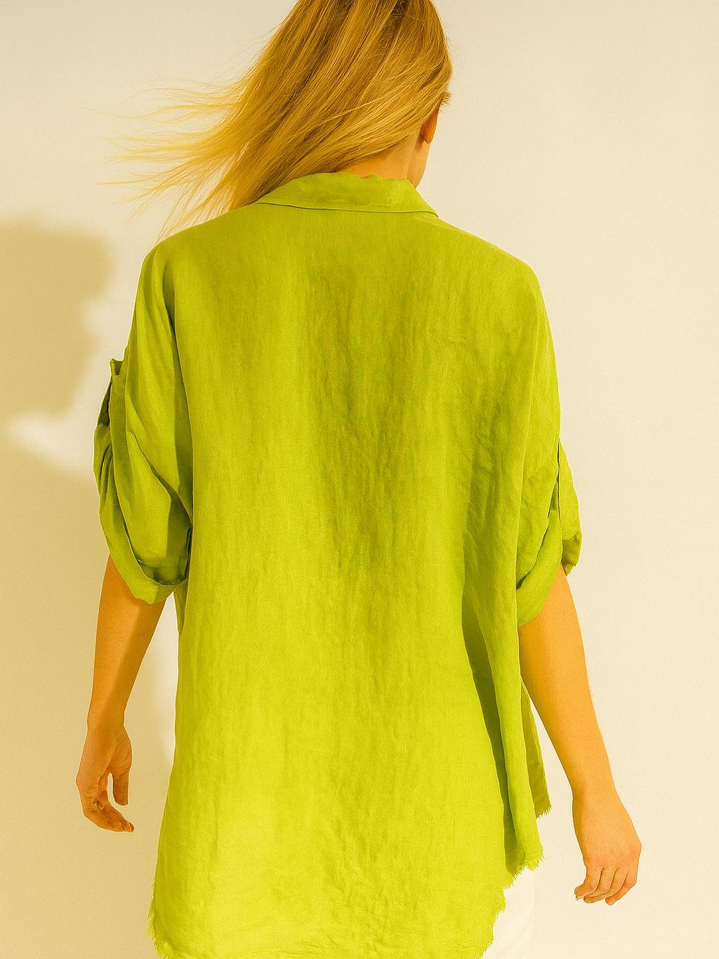 İtalyan Keten Dantel Detaylı Gömlek - YAĞ YEŞİLİ