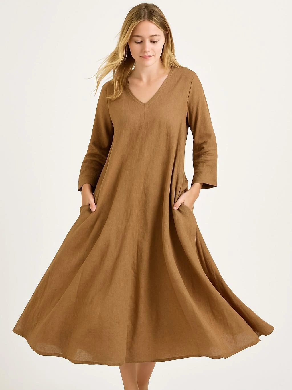 İtalyan Keten V Yaka Elbise - BAL