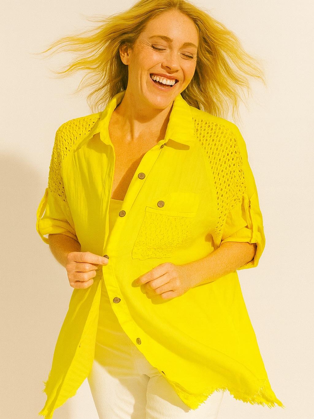 İtalyan Keten Dantel Detaylı Gömlek - SARI