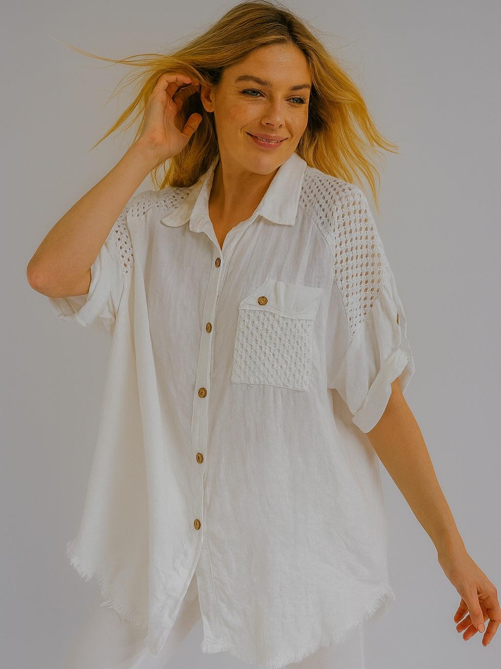 İtalyan Keten Dantel Detaylı Gömlek - BEYAZ