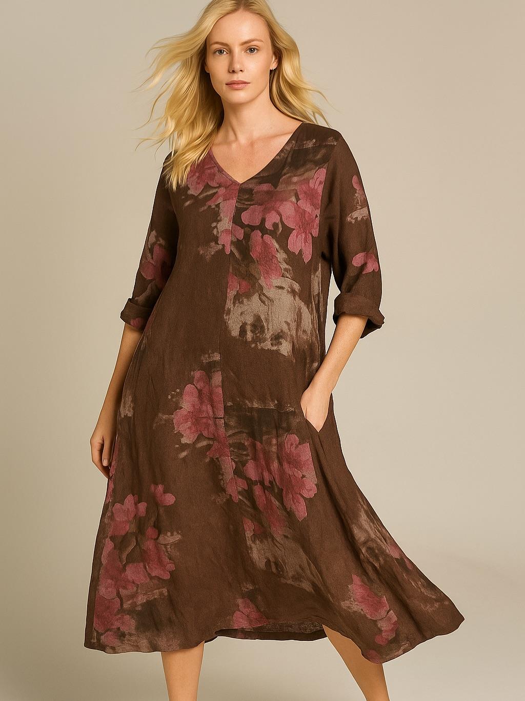 İtalyan Çiçek Desenli Keten Elbise - KAHVERENGİ