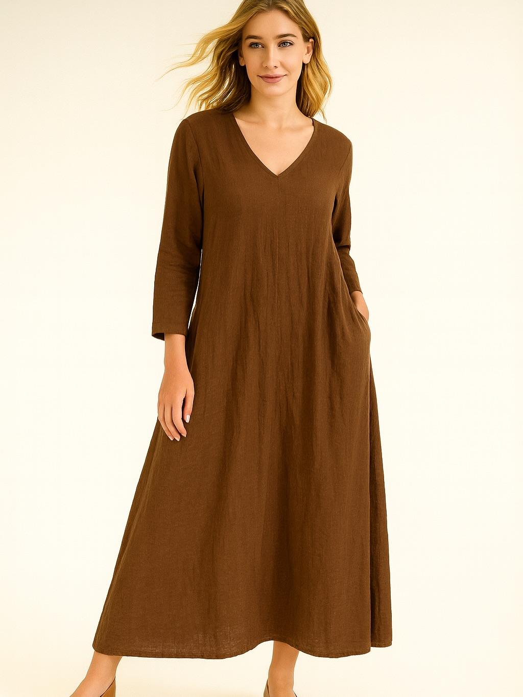 İtalyan Keten V Yaka Elbise - KAHVERENGİ