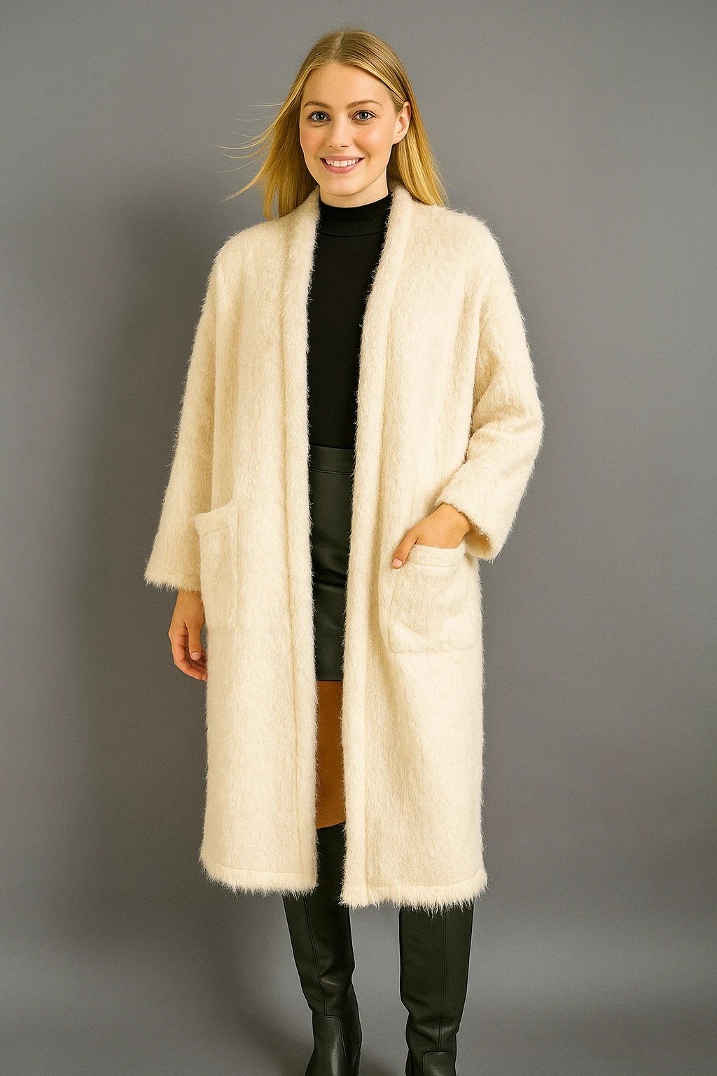 İtalyan Cep Detaylı Keçe Kaban - BEYAZ