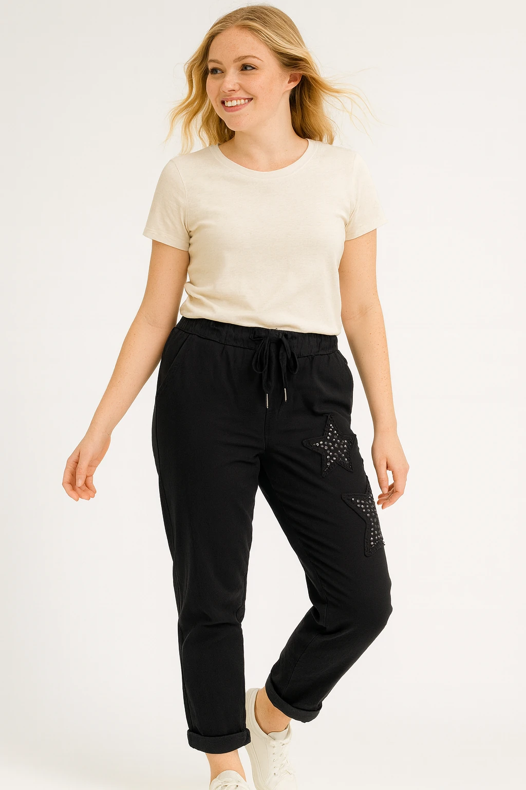 İtalyan Yıldız Detaylı Likralı Pantolon - SİYAH