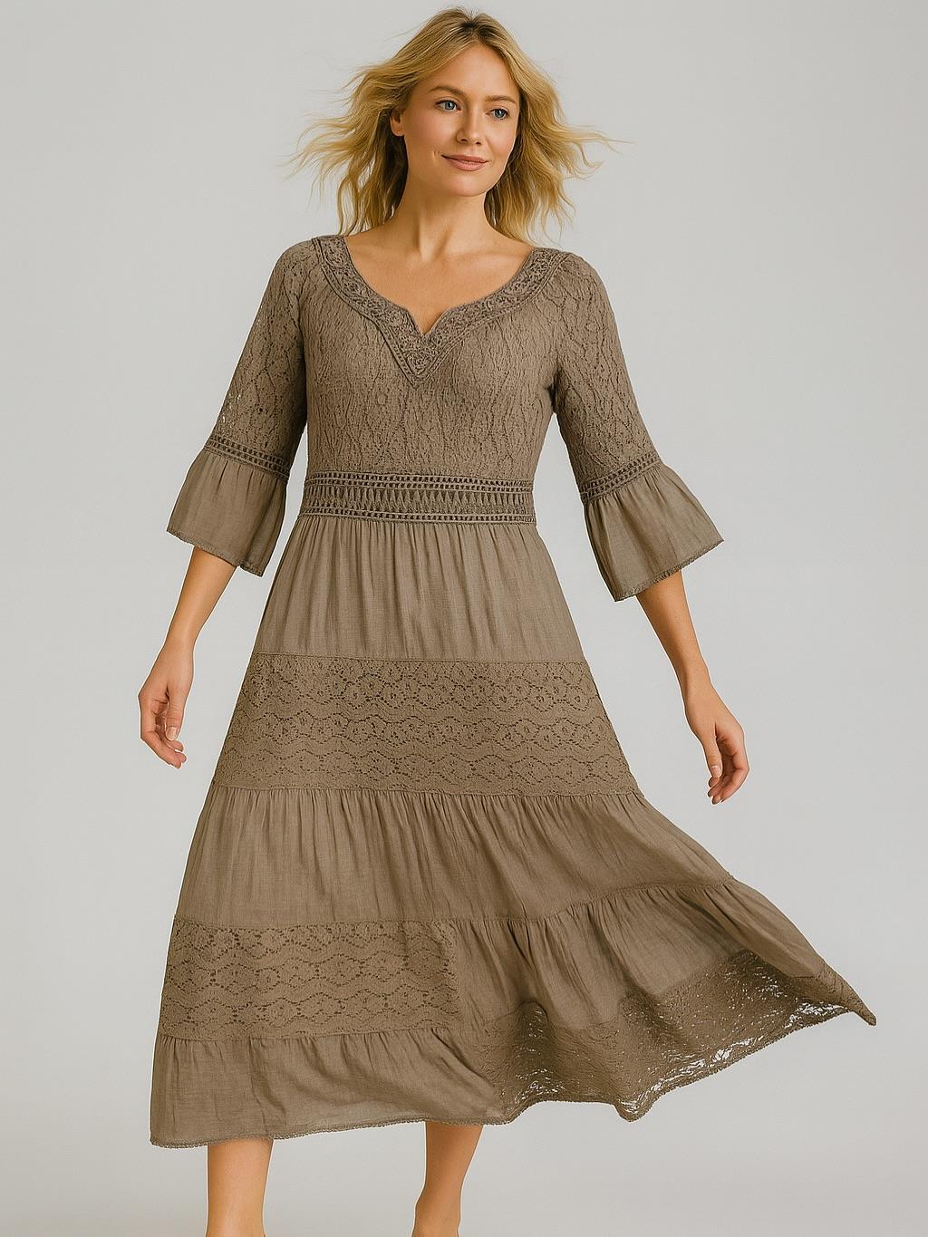 İtalyan İpek Detaylı Dantel Elbise - VİZON