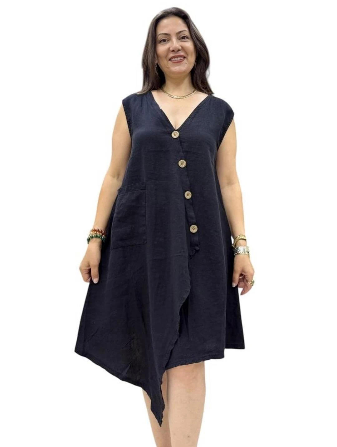 İtalyan Keten Tasarım Elbise - SİYAH