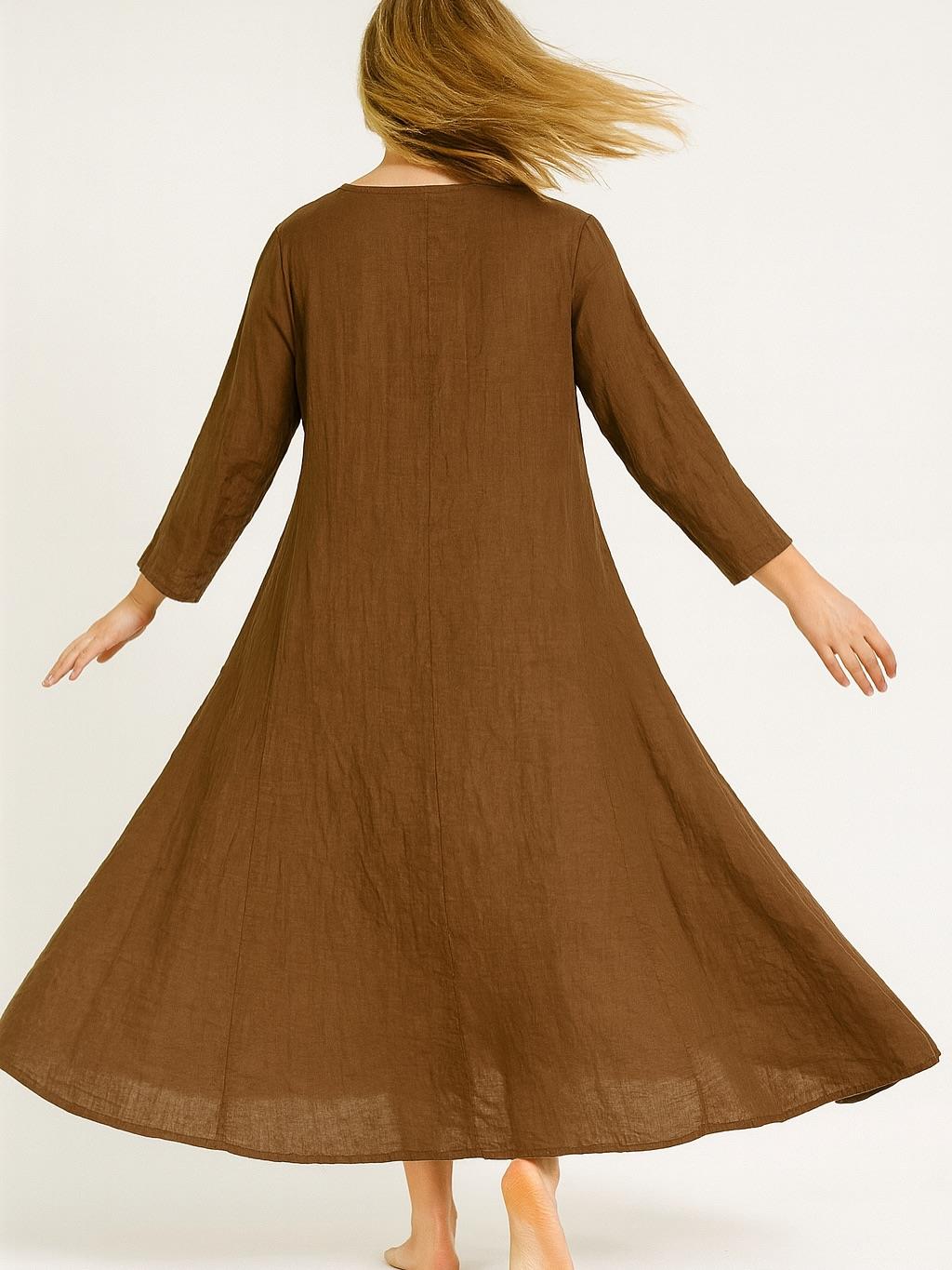 İtalyan Keten V Yaka Elbise - KAHVERENGİ
