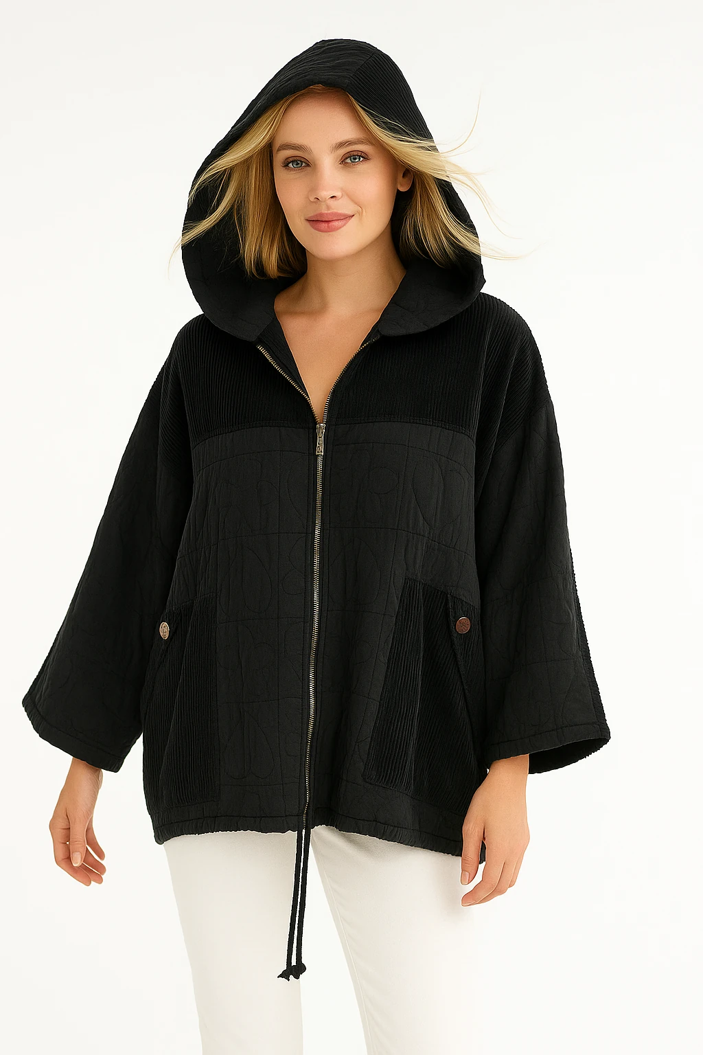 İtalyan Kadife Detaylı Kapitone Ceket - SİYAH