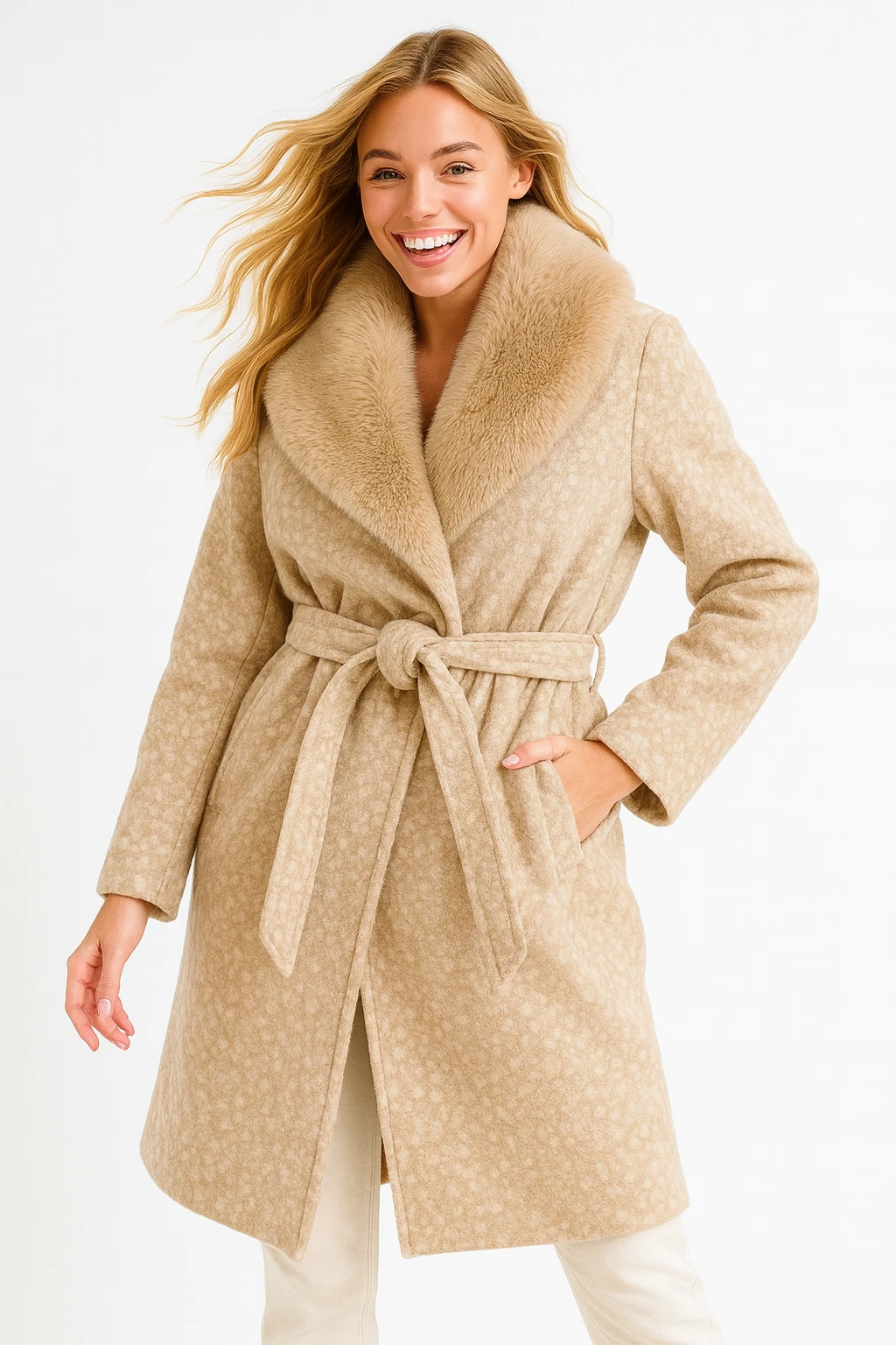 İtalyan Yaka Kürklü Keçe Kaban - BEJ